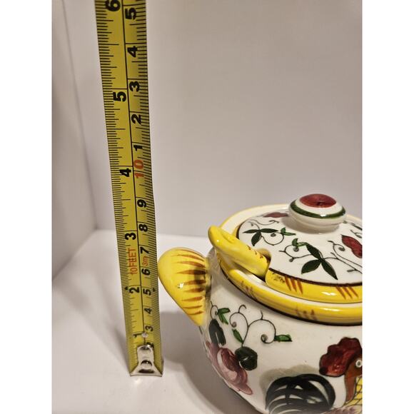 Early Provincial Rooster And Roses Ucago Jam Jelly Pots W/ Spoons Hand Painted - Picture 5 of 9